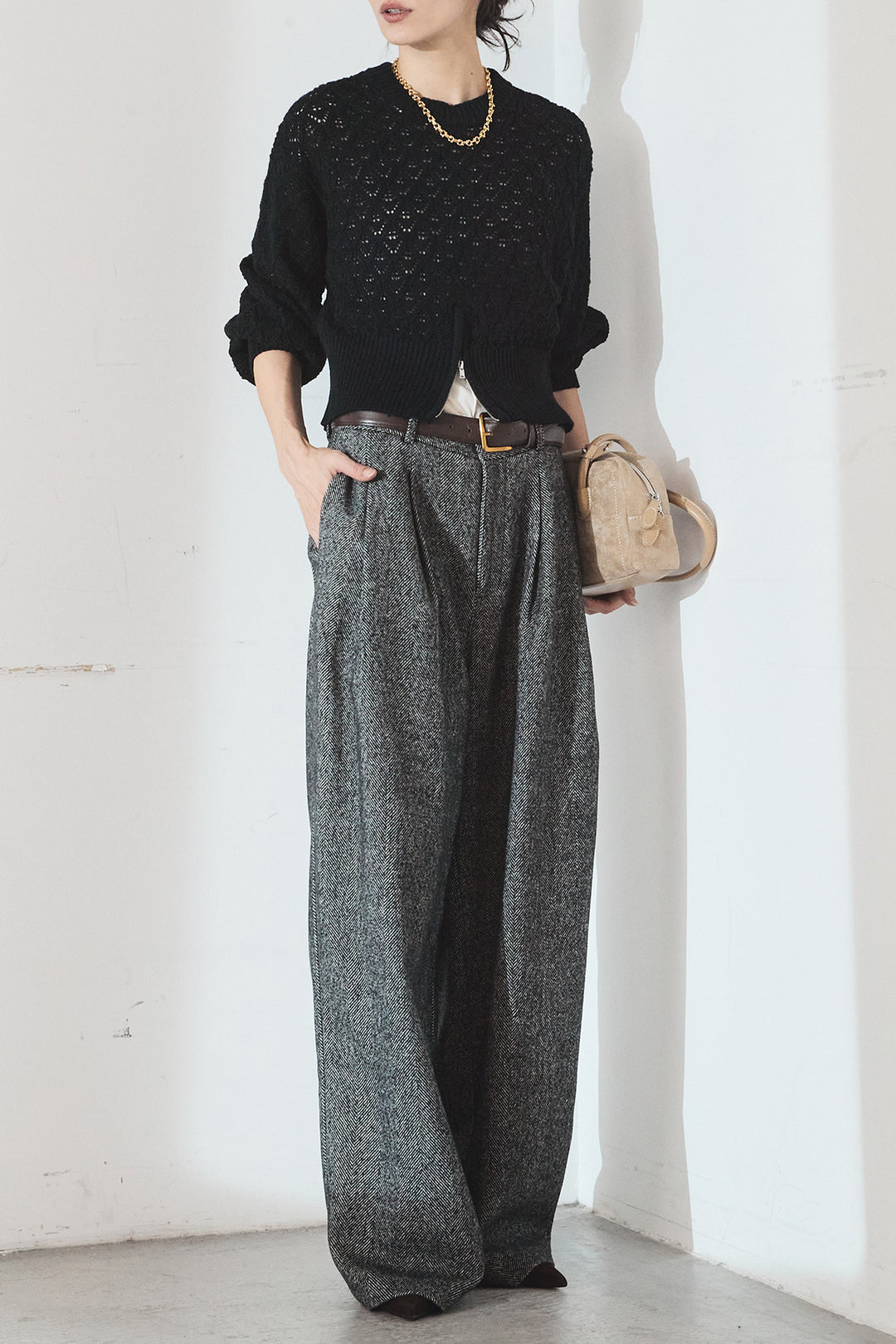 [SET]透かし編みニットジップスリットプルオーバー+タックツイードワイドパンツ(2set)