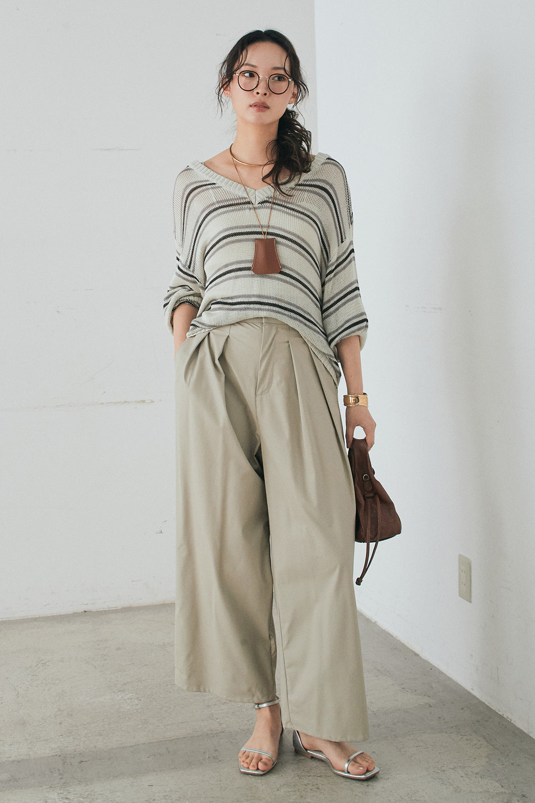 [SET]綿タッチVネックボーダートップス+ウォッシャブルエコレザータックパンツ(2set)