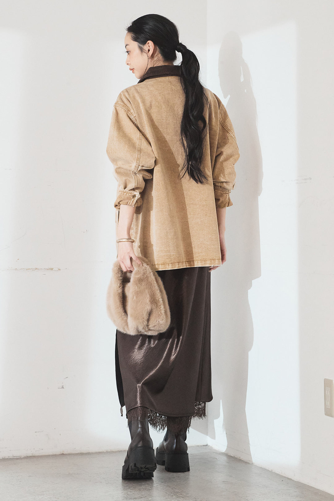 [SET]襟コーデュロイジップデニム調カバーオール+裾レースデザインサテンスカート(2set)