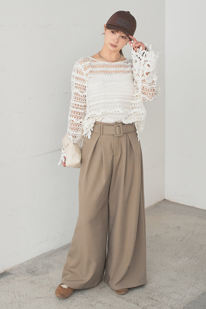 [SET]裾デザインメッシュプルオーバー+ベルト付きツータックワイドパンツ(2set)