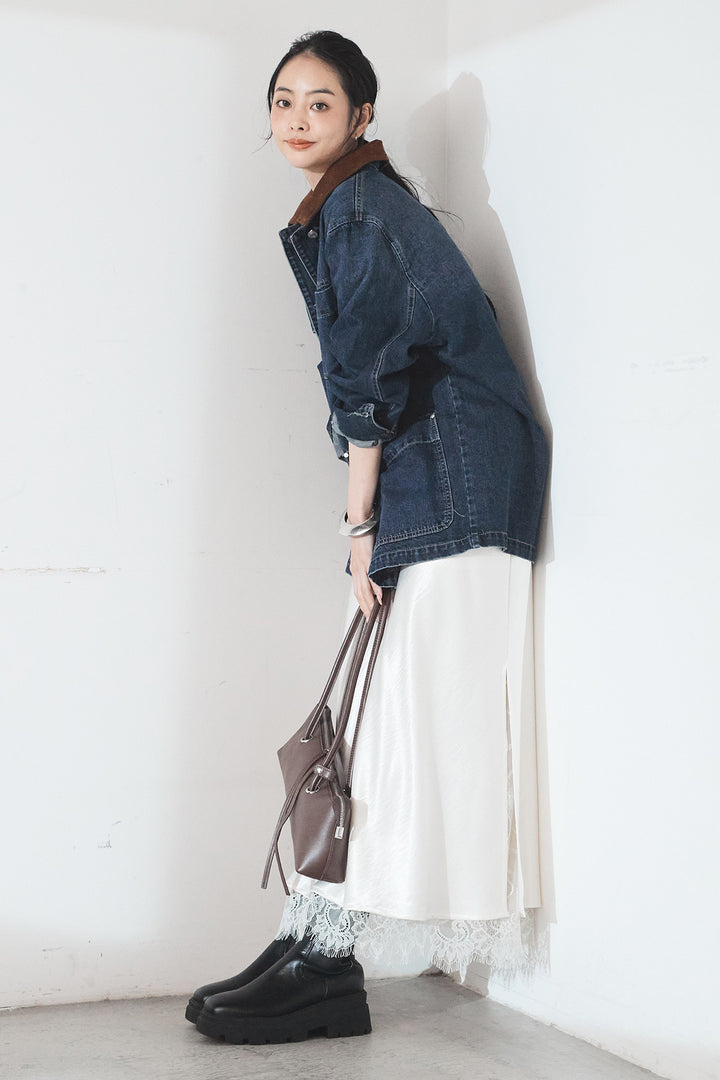 [SET]襟コーデュロイデニムカバーオール+裾レースデザインサテンスカート(2set)