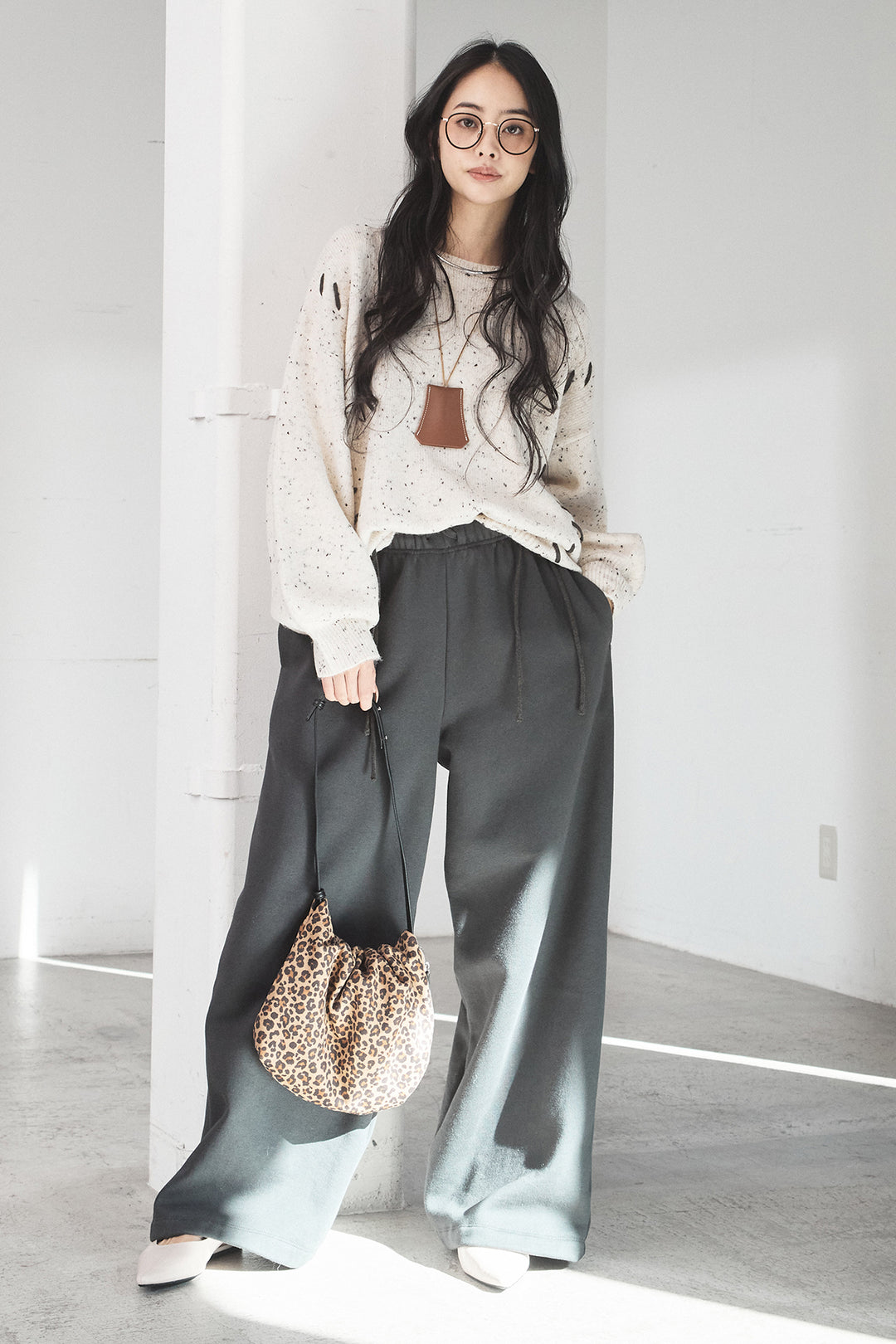 [SET]ネップ編み上げニットトップス+裏起毛スウェットワイドパンツ(2set)