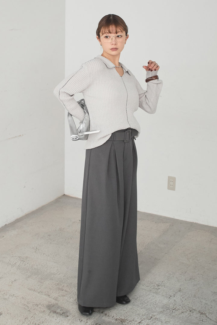 [SET]衿付きニットプルオーバー+ベルト付きツータックワイドパンツ(2set)