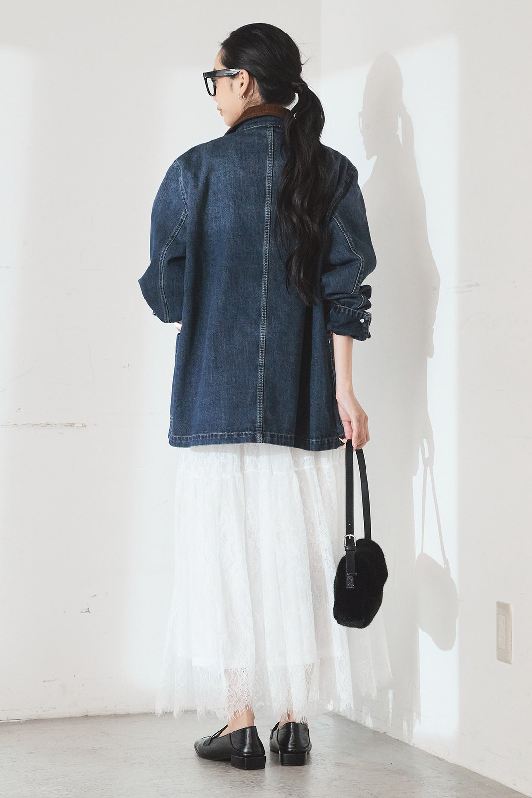 [SET]襟コーデュロイデニムカバーオール+ひげレース切替ロング丈スカート(2set)