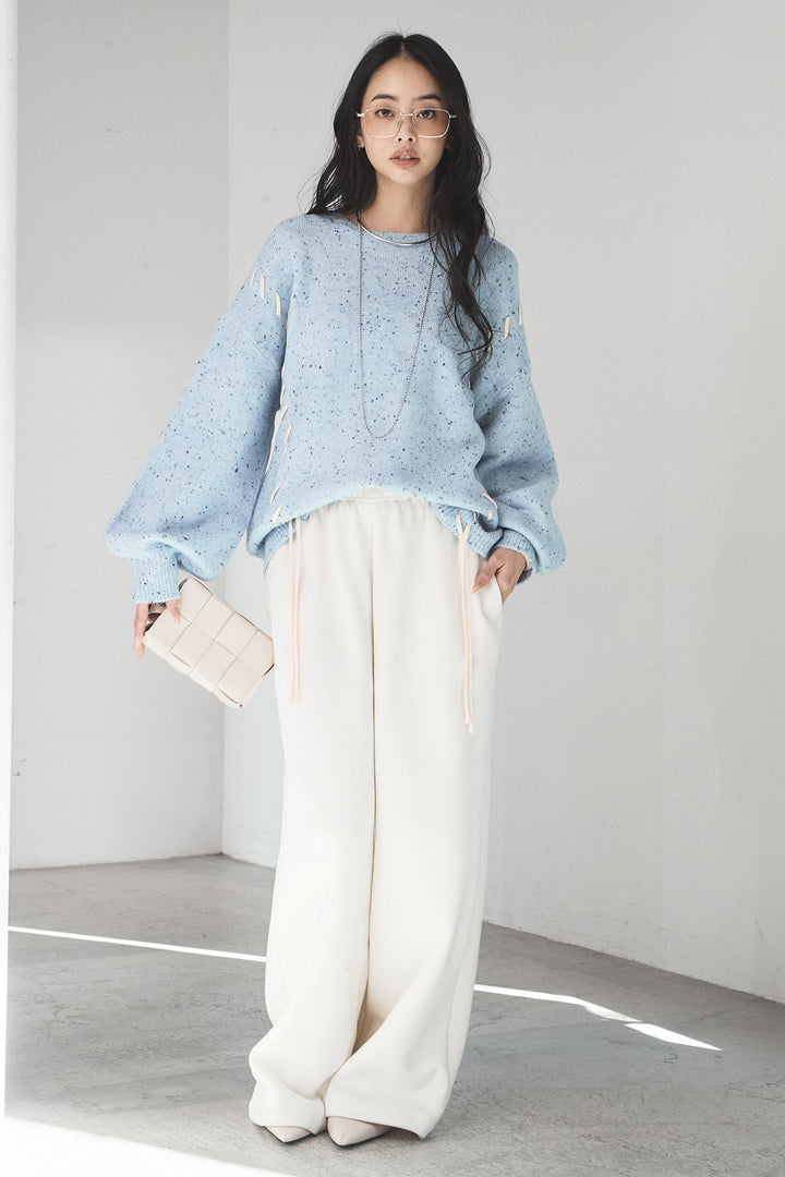 [SET]ネップ編み上げニットトップス+裏起毛スウェットワイドパンツ(2set)