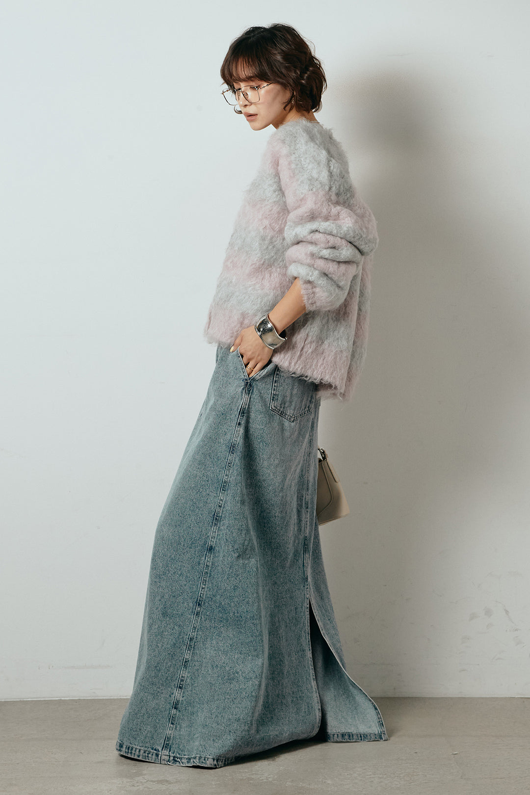 [SET]シャギーボーダー柄ニットカーディガン+デニムロングフレアスカート(2set)