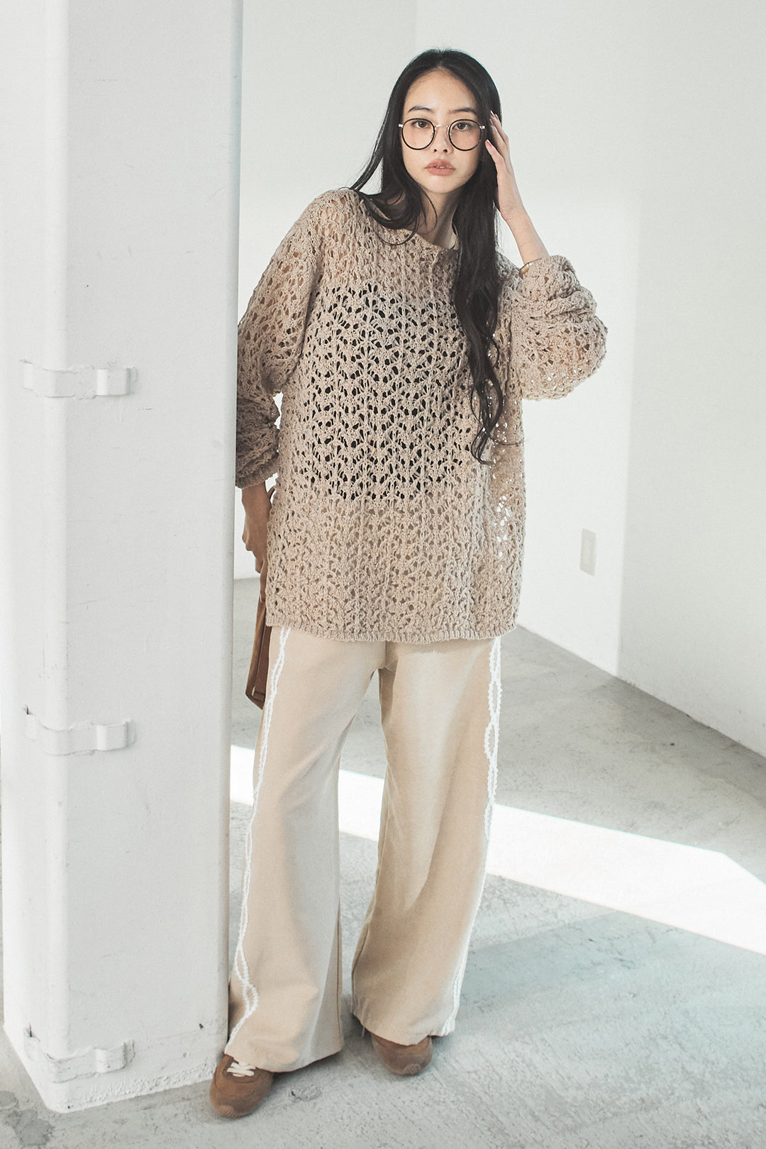 [SET]リラックスメッシュニットトップス+刺繡テープラインパンツ(2set)