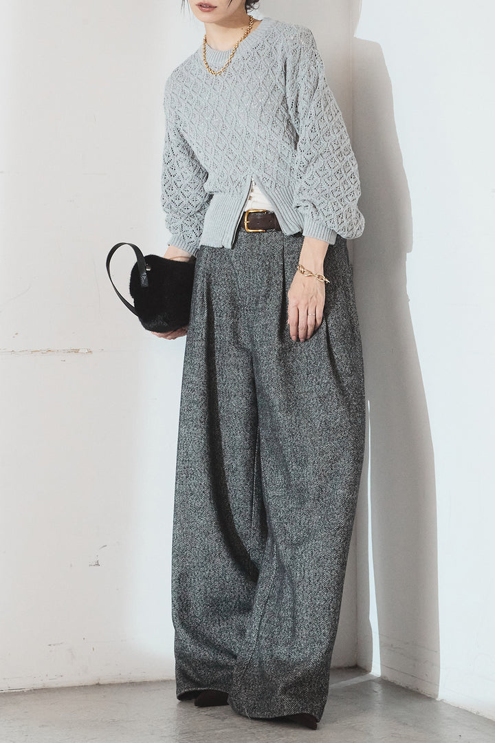 [SET]透かし編みニットジップスリットプルオーバー+タックツイードワイドパンツ(2set)