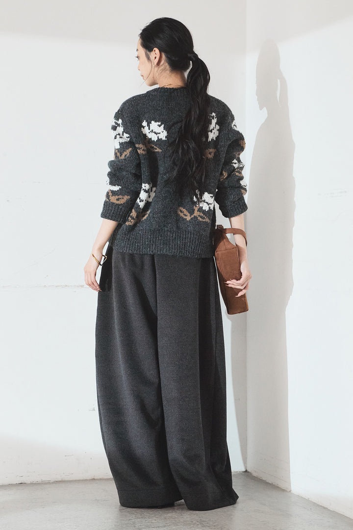 [SET]花柄ジャガードニットカーディガン+ウールタッチカーブワイドパンツ(2set)