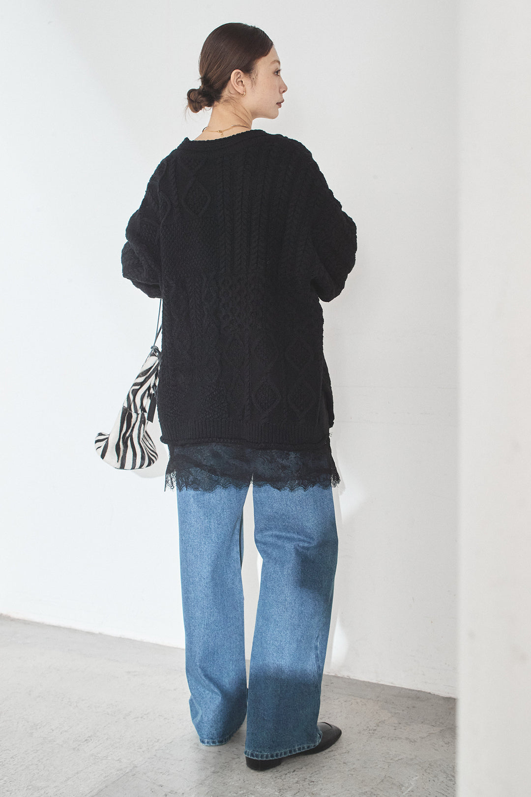 [SET]ケーブルVニットセーター+デニムサイドカットパンツ(2set)