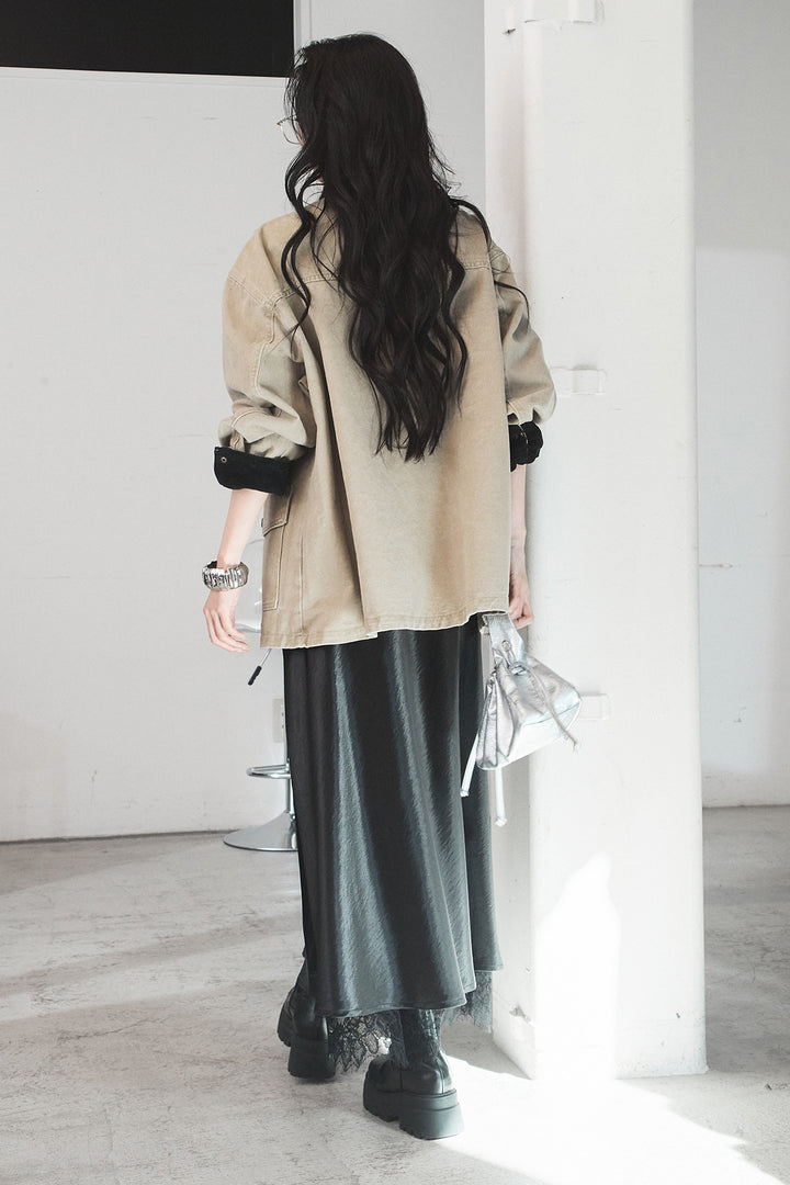 [SET]襟コーデュロイデザインデニム調カバーオール+裾レースデザインサテンスカート(2set)