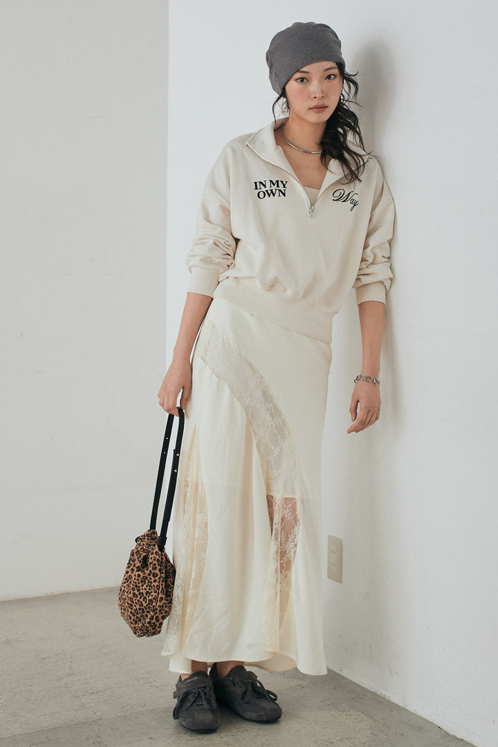 [SET]裏毛ロゴ刺繍ハーフZIPスウェット+刺繍レースデザインサテンスカート(2set)