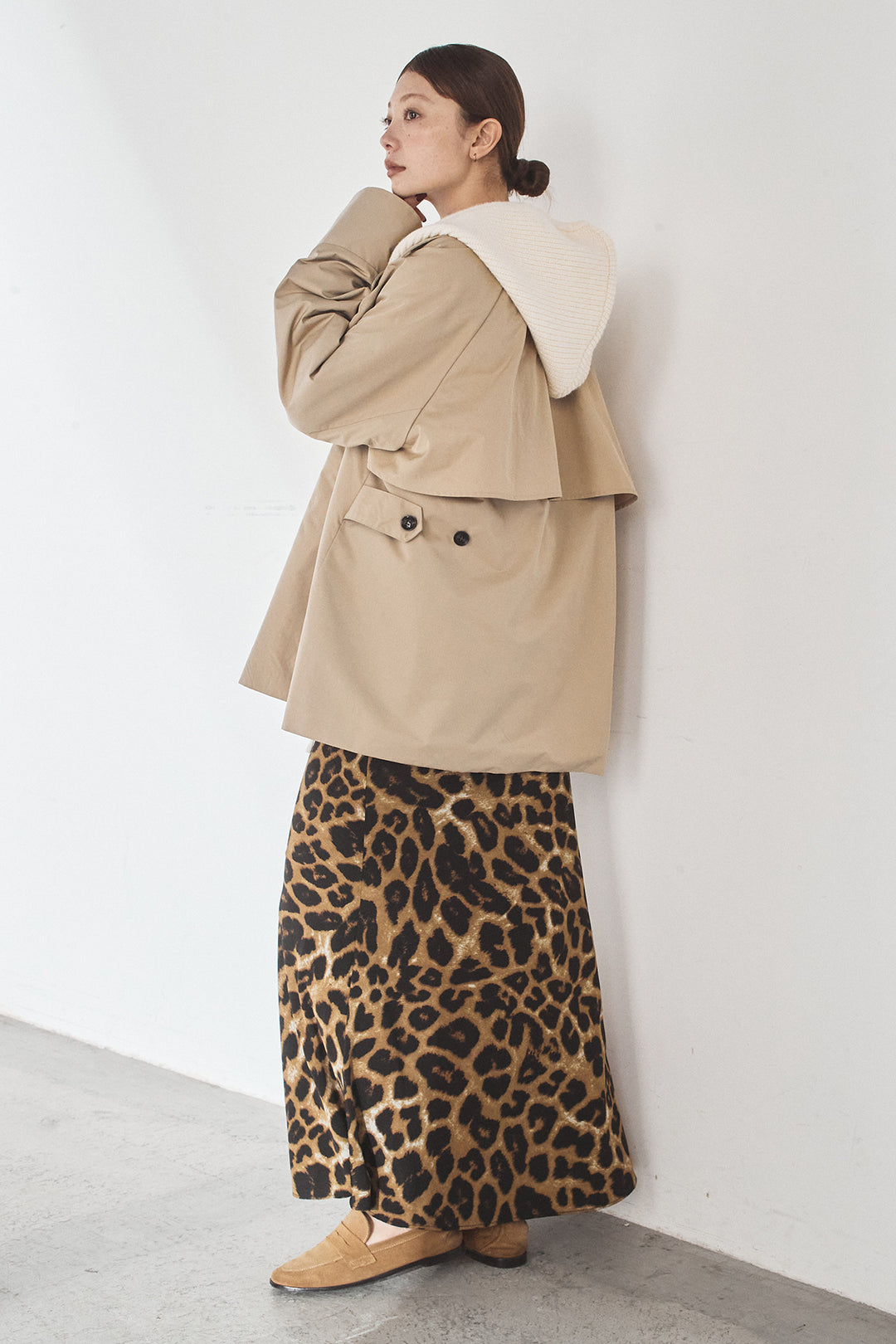[SET]ナイロントレンチコート+レオパードサテンナロースカート(2set)