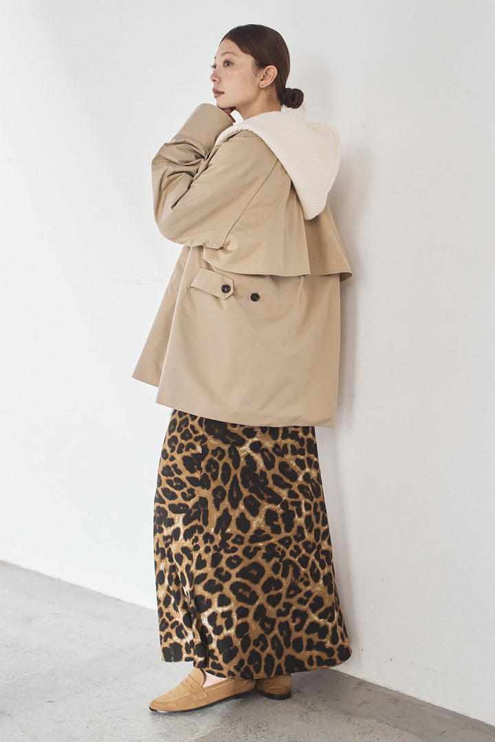 [SET]ナイロントレンチコート+レオパードサテンナロースカート(2set)