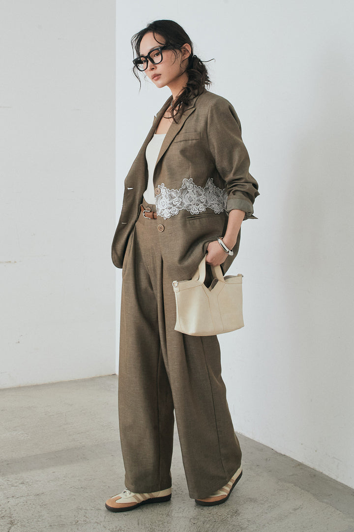 [SET]リネンタッチレースデザインジャケット+リネンタッチ細ベルト付きワイドパンツ(2set)