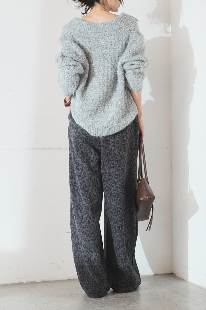 [SET]襟付きVネックニットトップス+リラックスレオパード柄ワイドパンツ(2set)