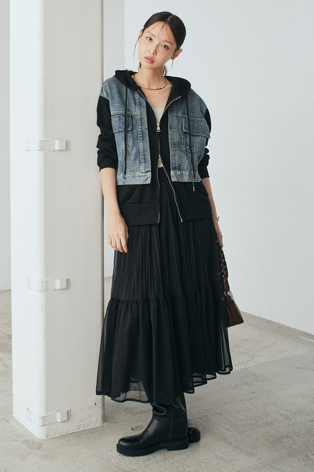 [SET]デニム切替ポンチダブルジップパーカー+ボリュームシルエットチュールスカート(2set)