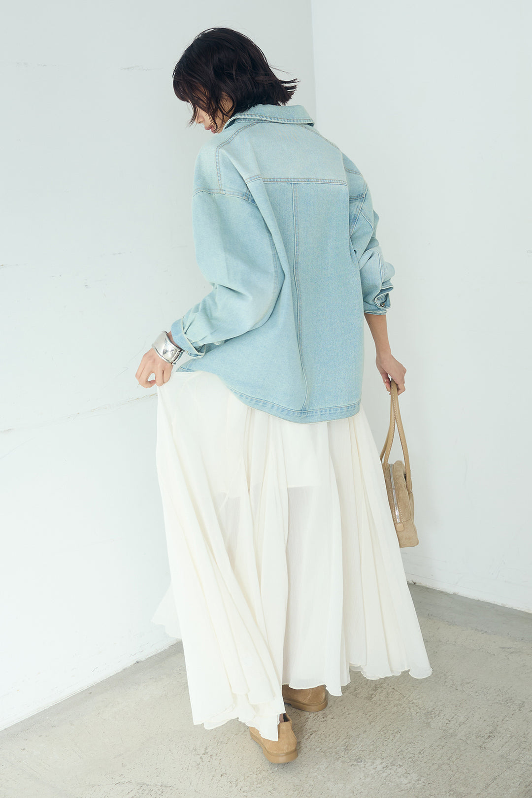 [SET]デニムオーバーサイズジャケット+シアーフリルキャミワンピース(2set)