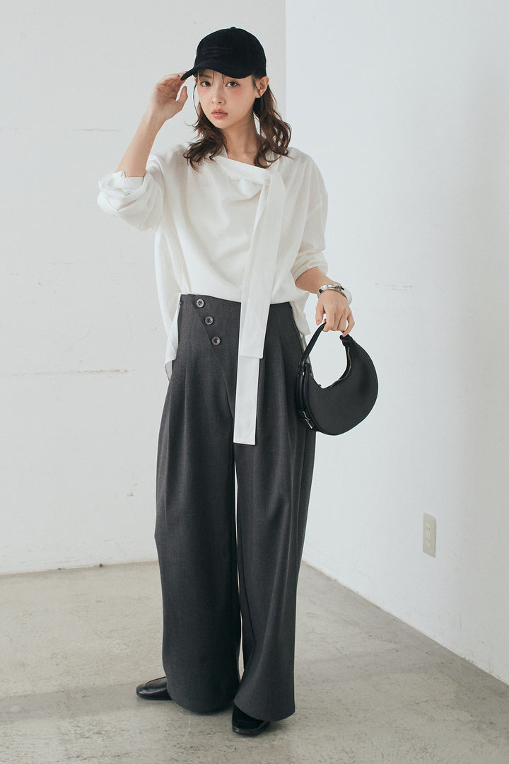 [SET]ニュアンスボータイブラウス+斜めボタンタック入りスラックス(2set)