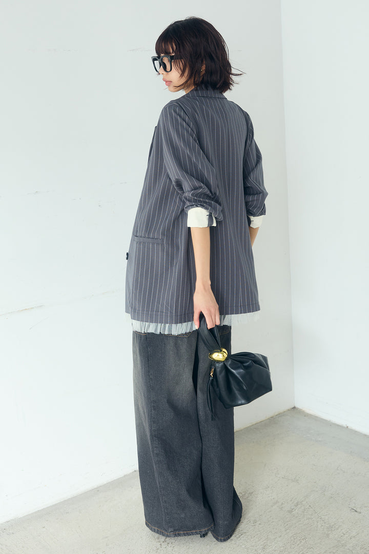 [SET]裾フリルダブルジャケット+デニムサロペットワイドパンツ(2set)