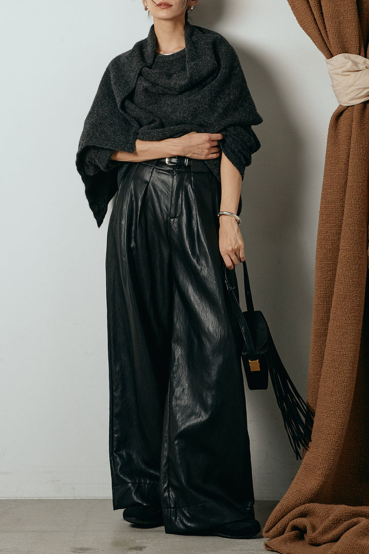 [SET]ネック巻きデザインニットトップス+ベルト付きレザーライクタックパンツ(2set)