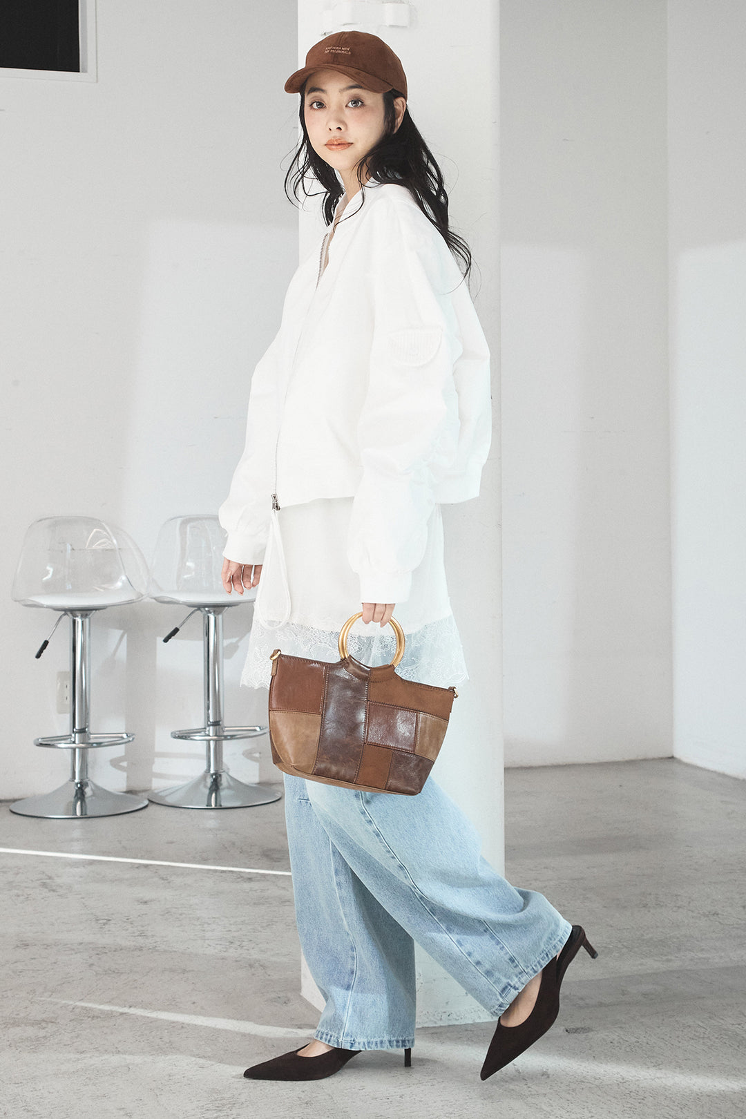 [SET]袖ギャザーデザインブルゾン+レース切り替えキャミソール+デニムアシメカーブパンツ(3set)