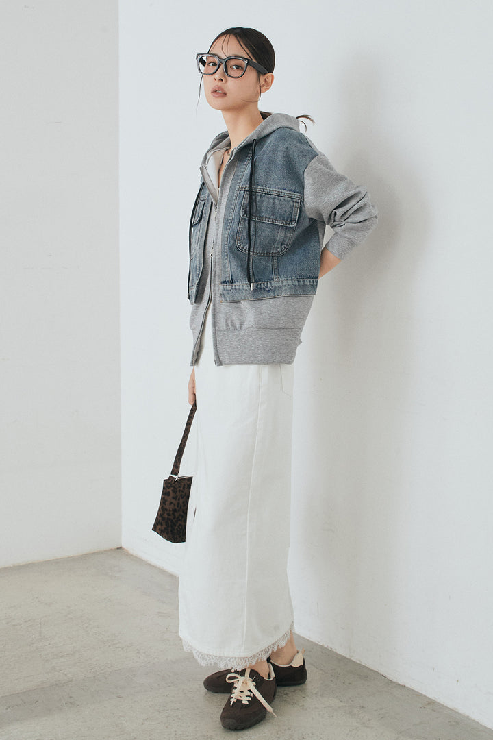 [SET]デニム切替ポンチダブルジップパーカー+裾レースデザインデニムスカート(2set)