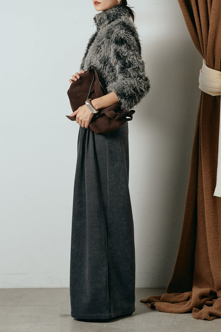 [SET]エコファースタンドカラーニュアンス柄ブルゾン+ベルトループコーデュロイワイドパンツ(2set)