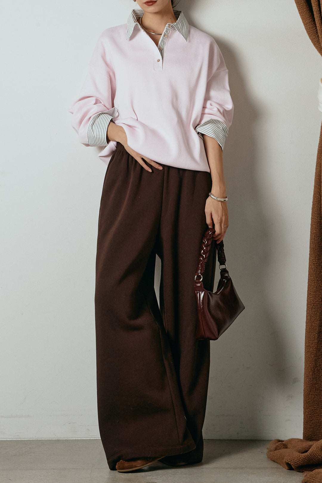 [SET]ストライプシャツドッキングポロトップス+裏起毛スウェットワイドパンツ(2set)