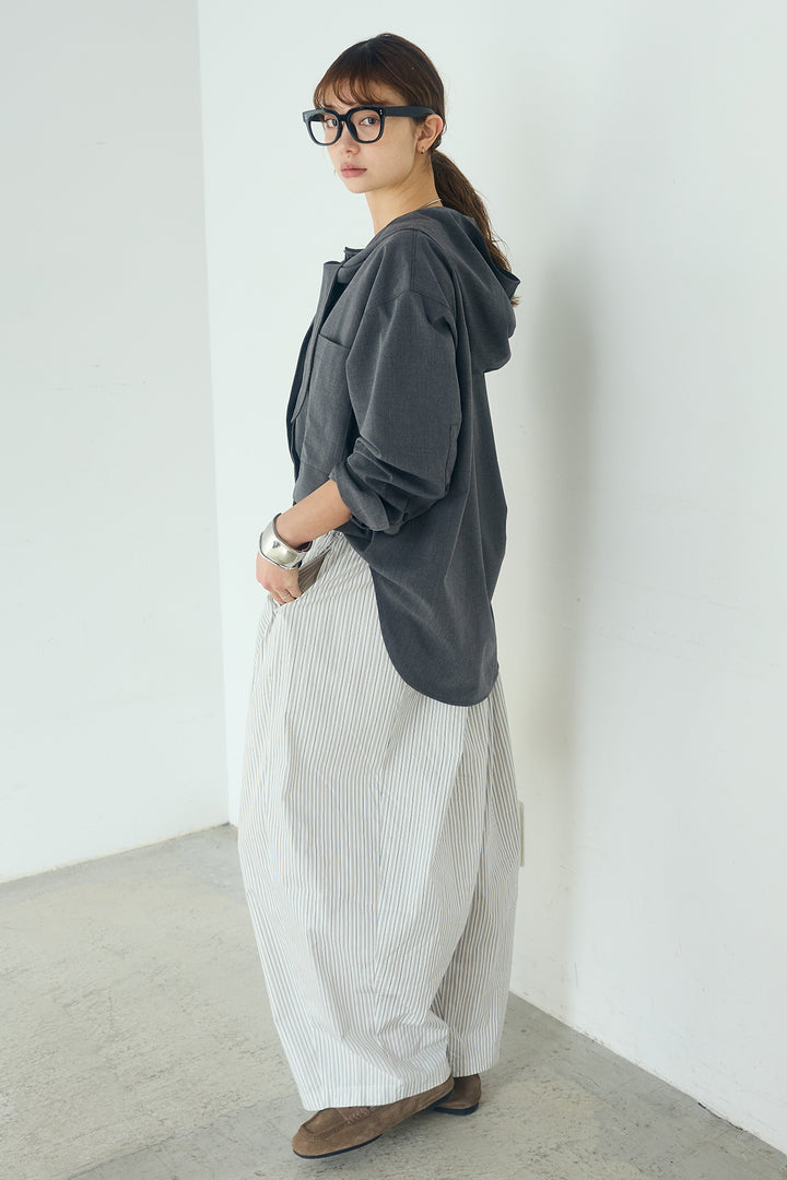 [SET]無地タイ付フーディーBIGシャツ+ランダムストライプタックギャザーパンツ(2set)