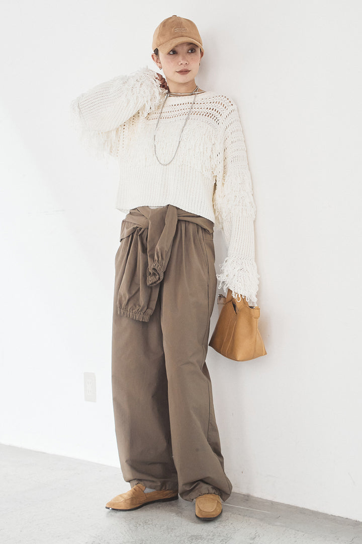 [SET]メッシュフリンジ切り替えプルオーバー+合繊ツイルスタンドウエスト巻きジョガーパンツ(2set)