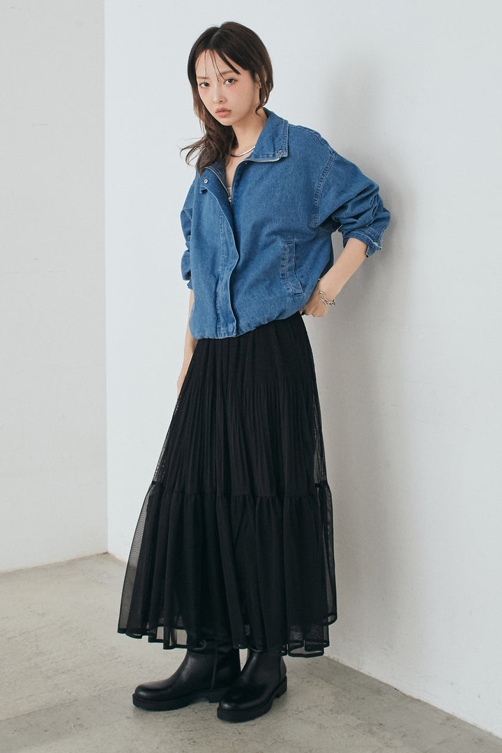 [SET]スタンドカラーデニムブルゾンジャケット+ボリュームシルエットチュールスカート(2set)