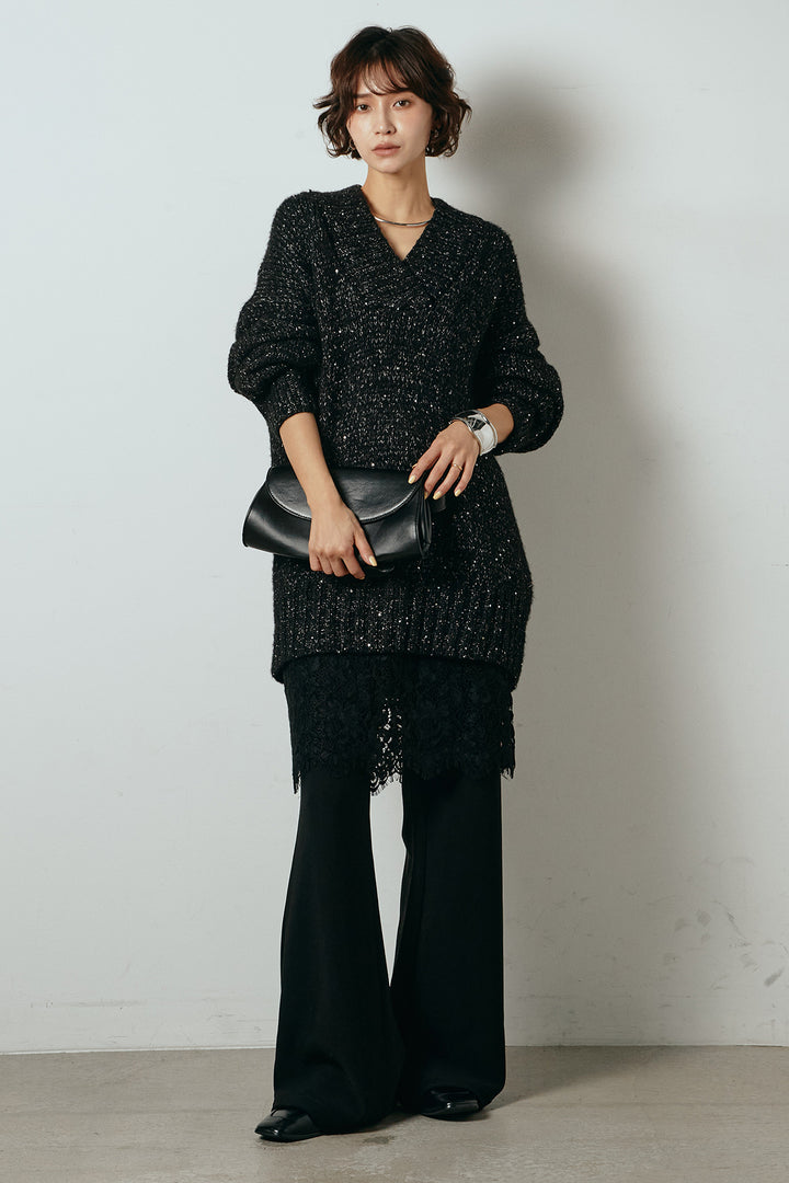 [SET]Vネックラメニットトップス+レース刺繍レイヤードフレアパンツ(2set)