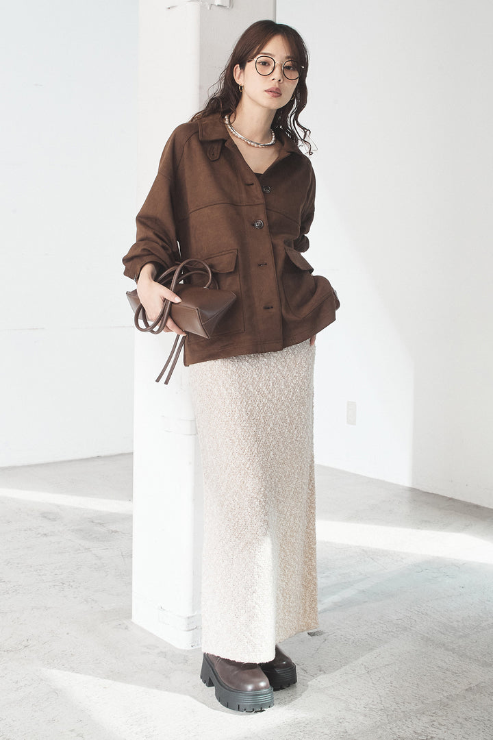 [SET]デカポケスエポンジャケット+ツイード風MIXスラブスカート(2set)