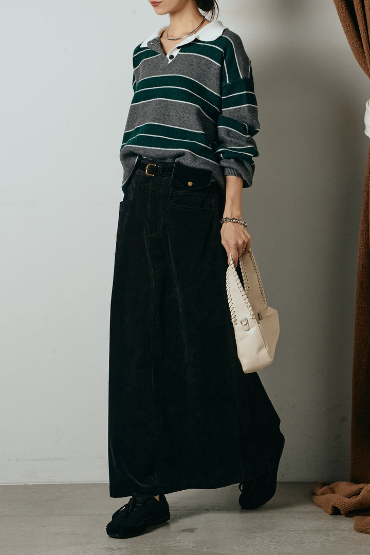 [SET]ラガーニットボーダーポロプルオーバー+ポーチベルト付きコーデュロイワイドスカート(2set)