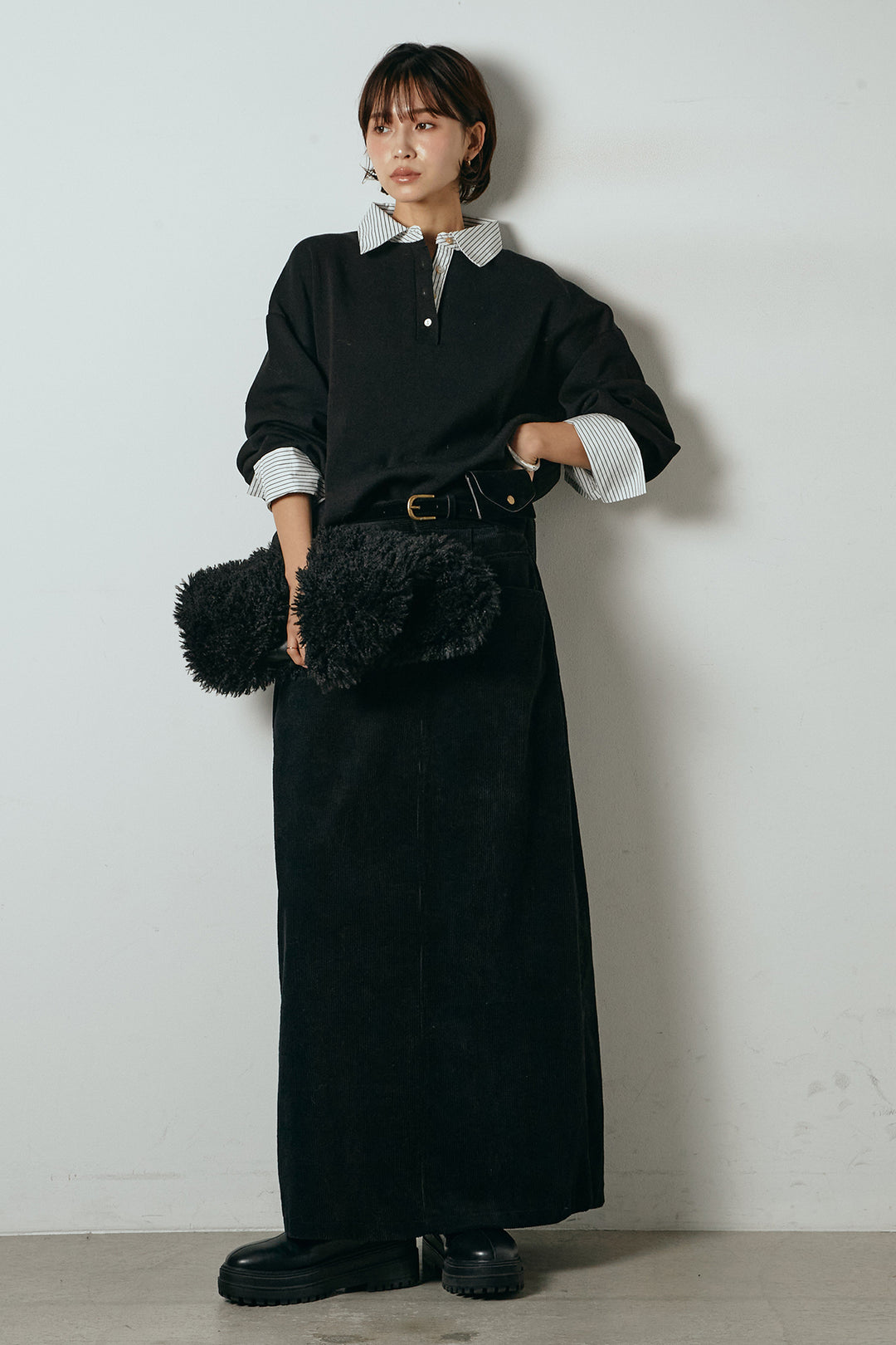 [SET]ストライプシャツドッキングポロトップス+ポーチベルト付きコーデュロイワイドスカート(2set)