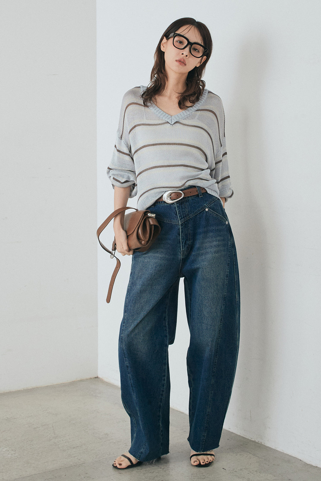 [SET]綿タッチVネックボーダートップス+デニムヨークパンツ(2set)