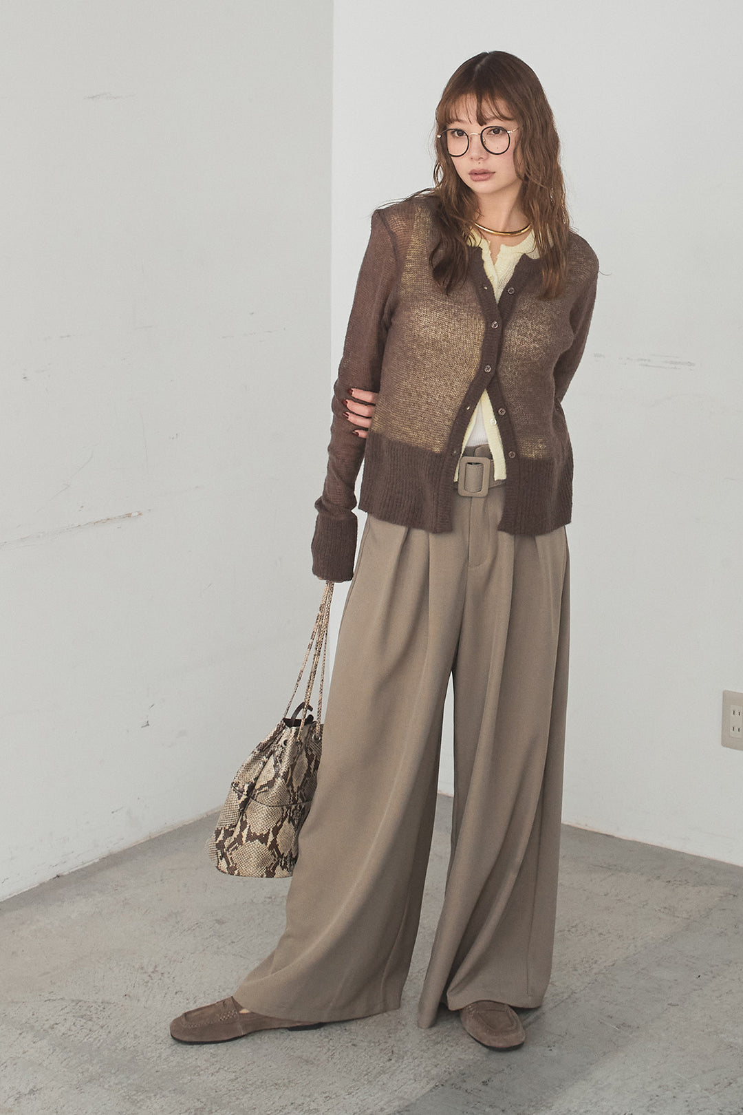 [SET]モヘア透かし編みレイヤードアンサンブルセット+ベルト付きツータックワイドパンツ(2set)