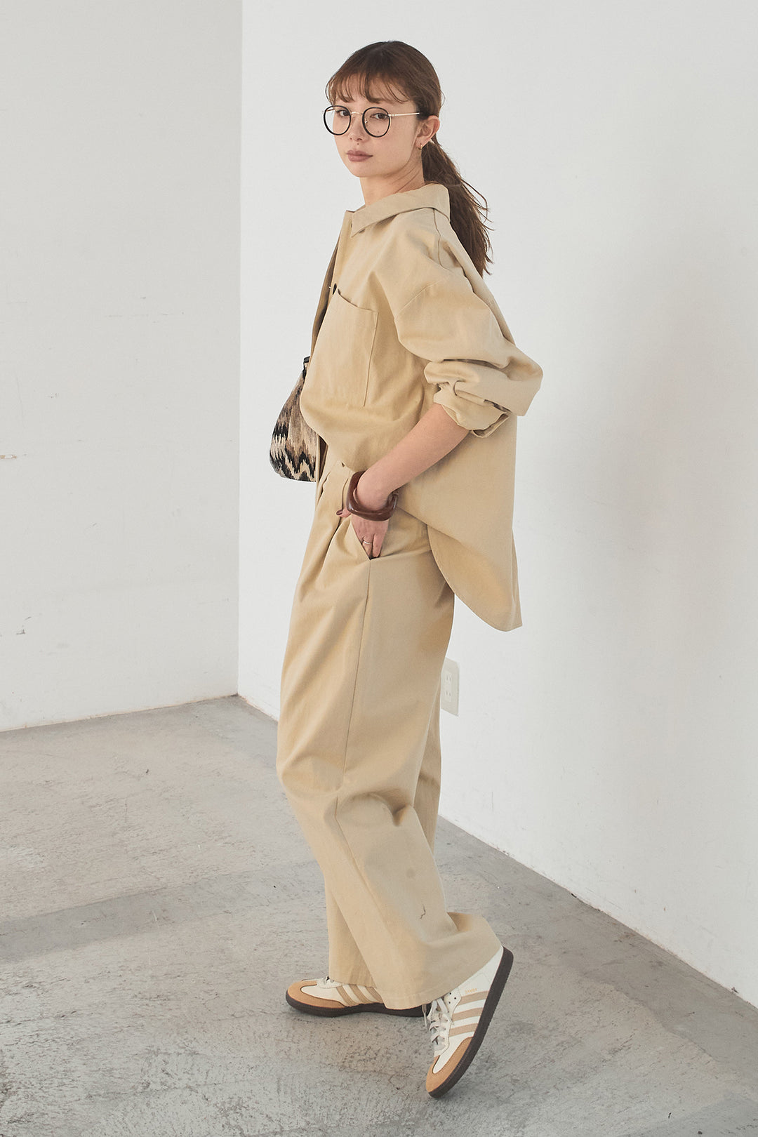 [SET]ツイルシャツジャケット+ツイルハイウエストタックパンツ(2set)