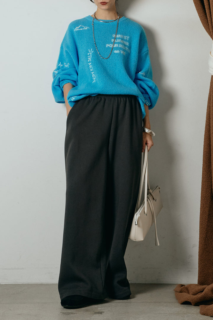 [SET]刺繍ロゴランダムデザインニットトップス+裏起毛スウェットワイドパンツ(2set)