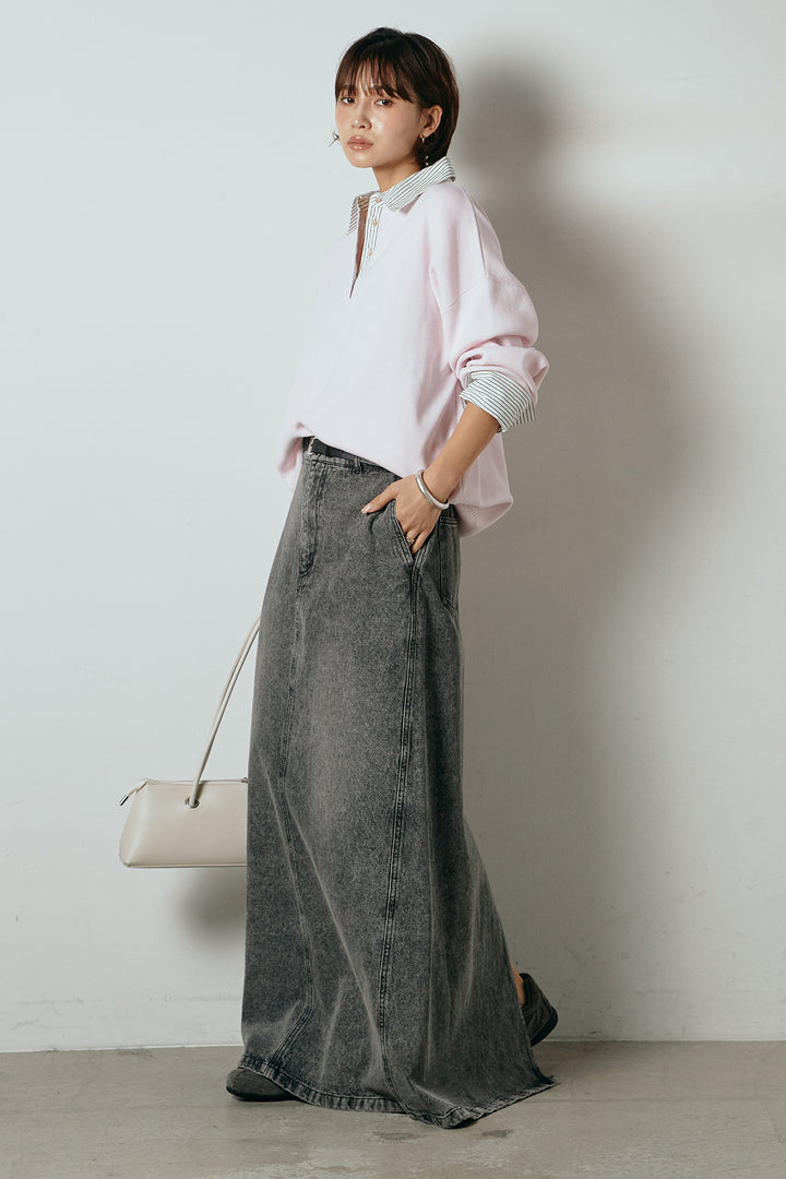 [SET]ストライプシャツドッキングポロトップス+デニムロングフレアスカート(2set)