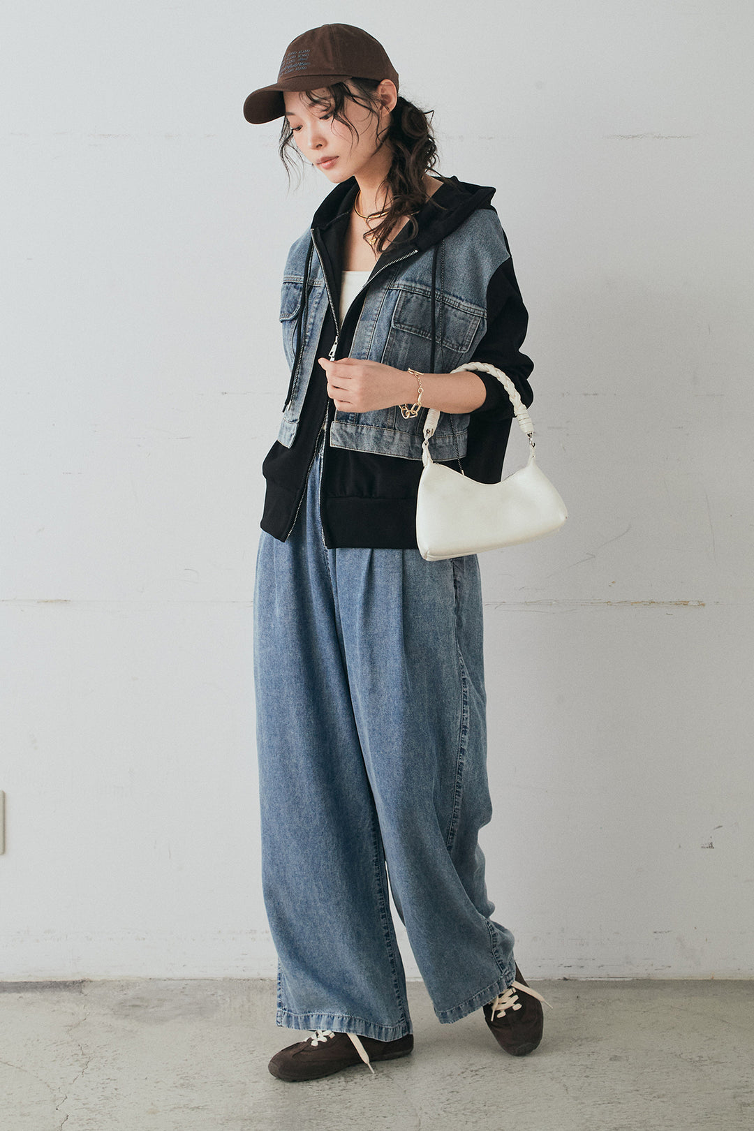 [SET]デニム切替ポンチダブルジップパーカー+テンセルデニムイージーワイドパンツ(2set)