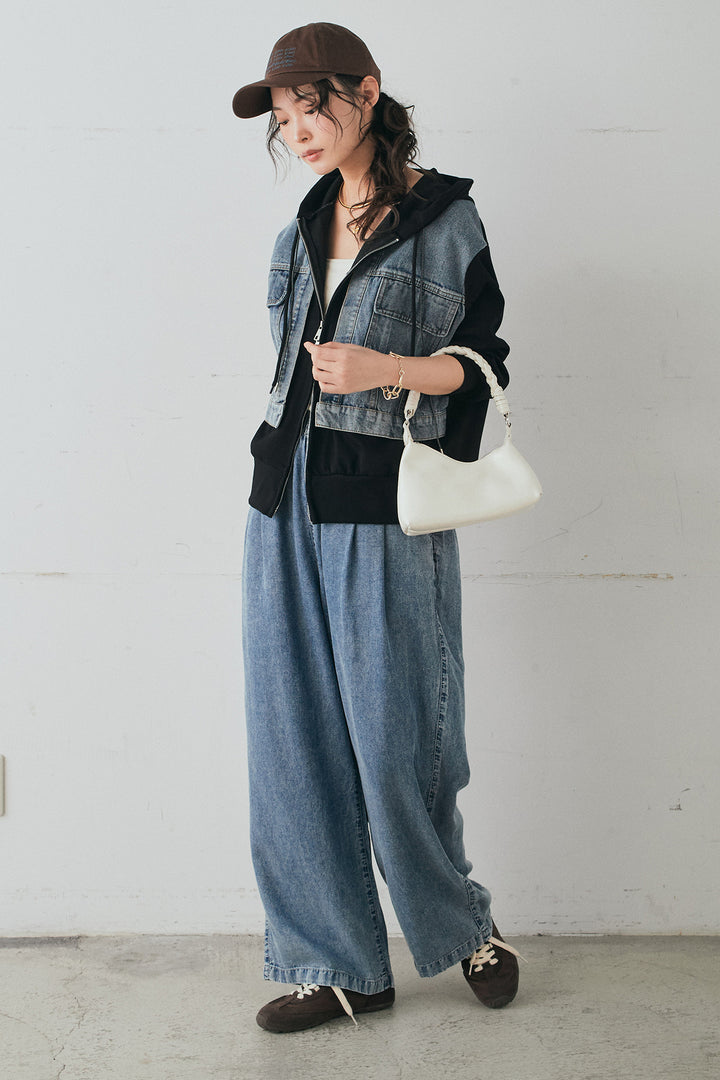 [SET]デニム切替ポンチダブルジップパーカー+テンセルデニムイージーワイドパンツ(2set)