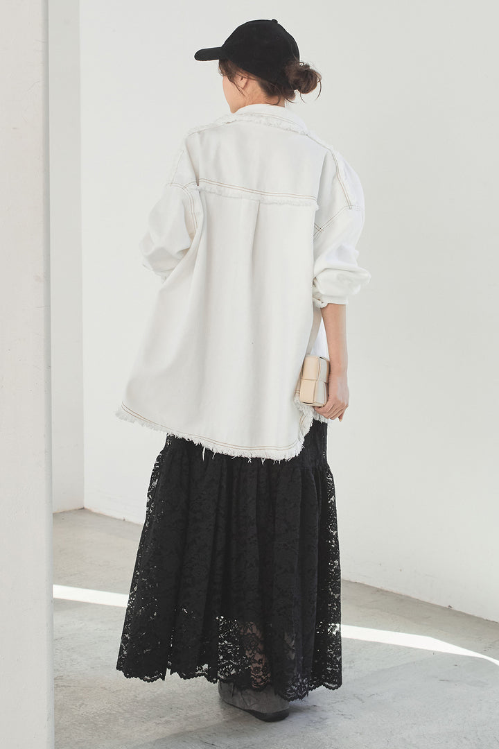 [SET]フリンジデニムジャケット+レース刺繍フレアキャミワンピース(2set)