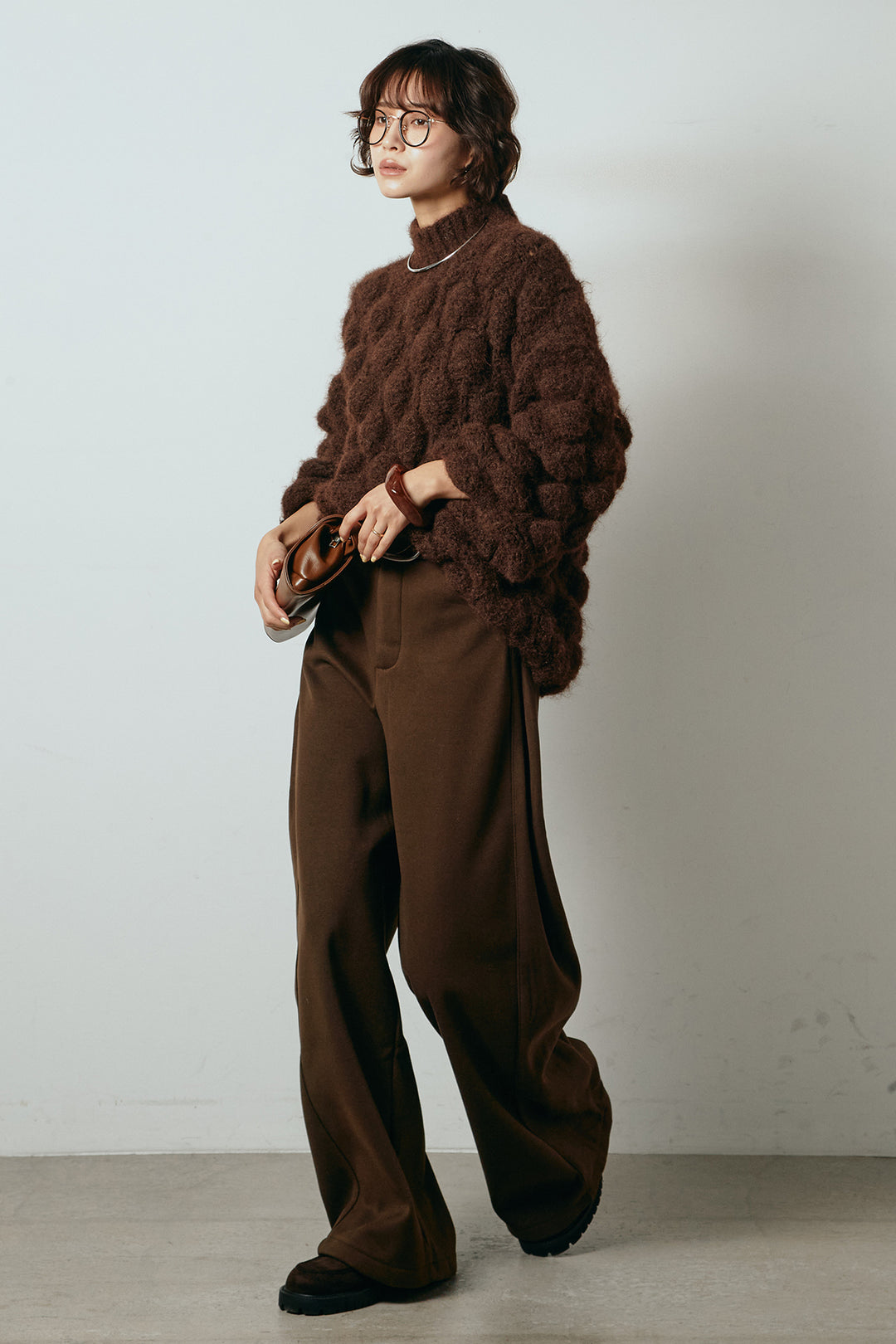 [SET]ボリュームポップコーンニットトップス+編みベルト付きワイドパンツ(2set)