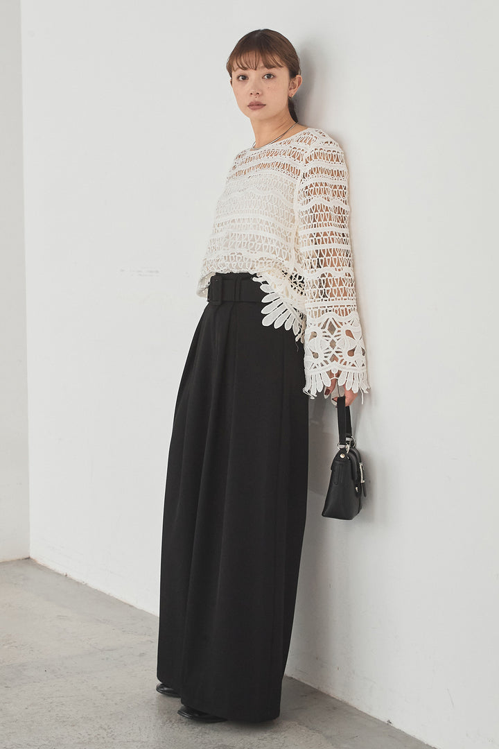 [SET]裾デザインメッシュプルオーバー+ベルト付きツータックワイドパンツ(2set)