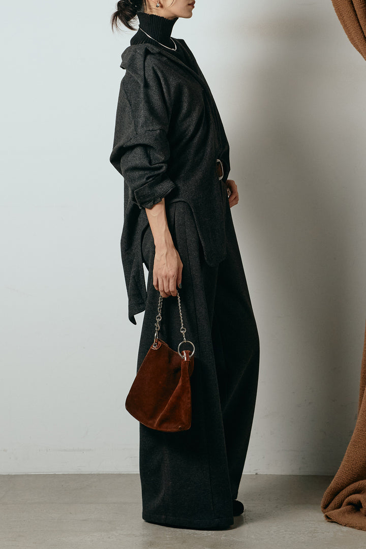 [SET]裾アシンメトリーデザインシャツ+編みベルト付きワイドパンツ+リブニットシームレスタートルプルオーバー(3set)