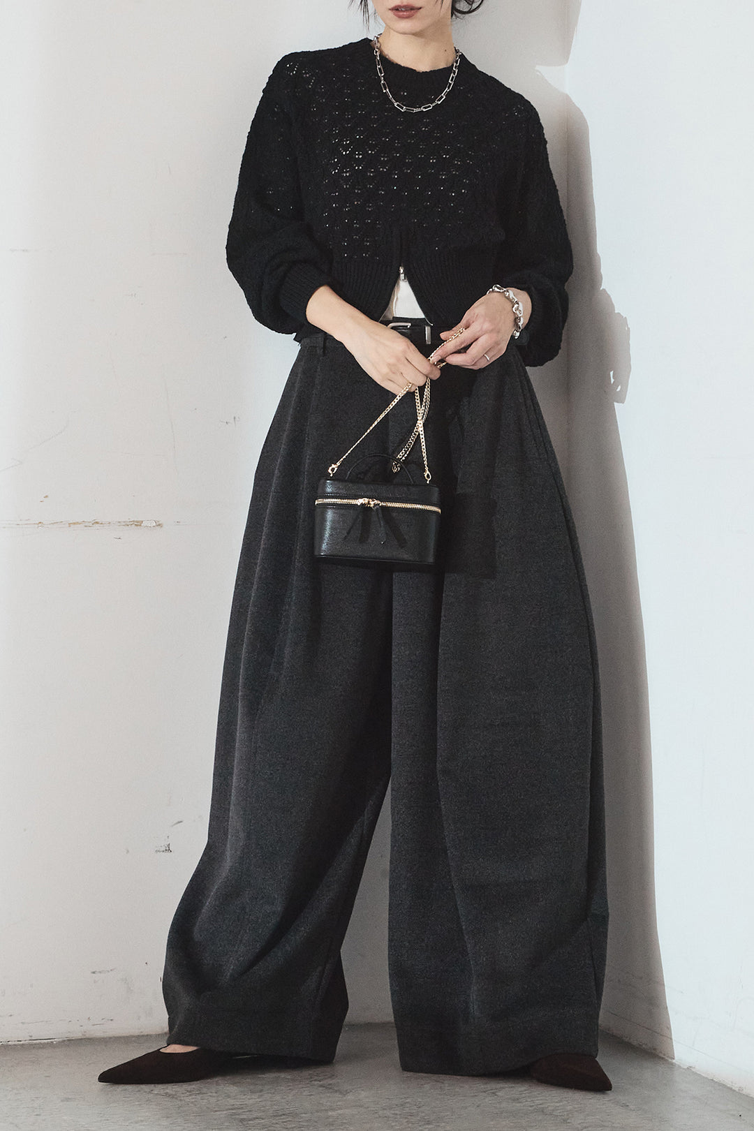[SET]透かし編みニットジップスリットプルオーバー+ウールタッチカーブワイドパンツ(2set)