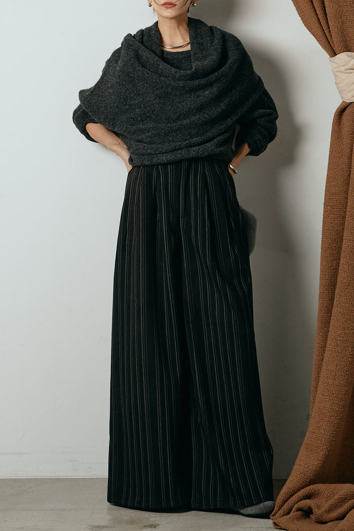 [SET]ネック巻きデザインニットトップス+タック入りマルチストライプ柄ワイドパンツ(2set)