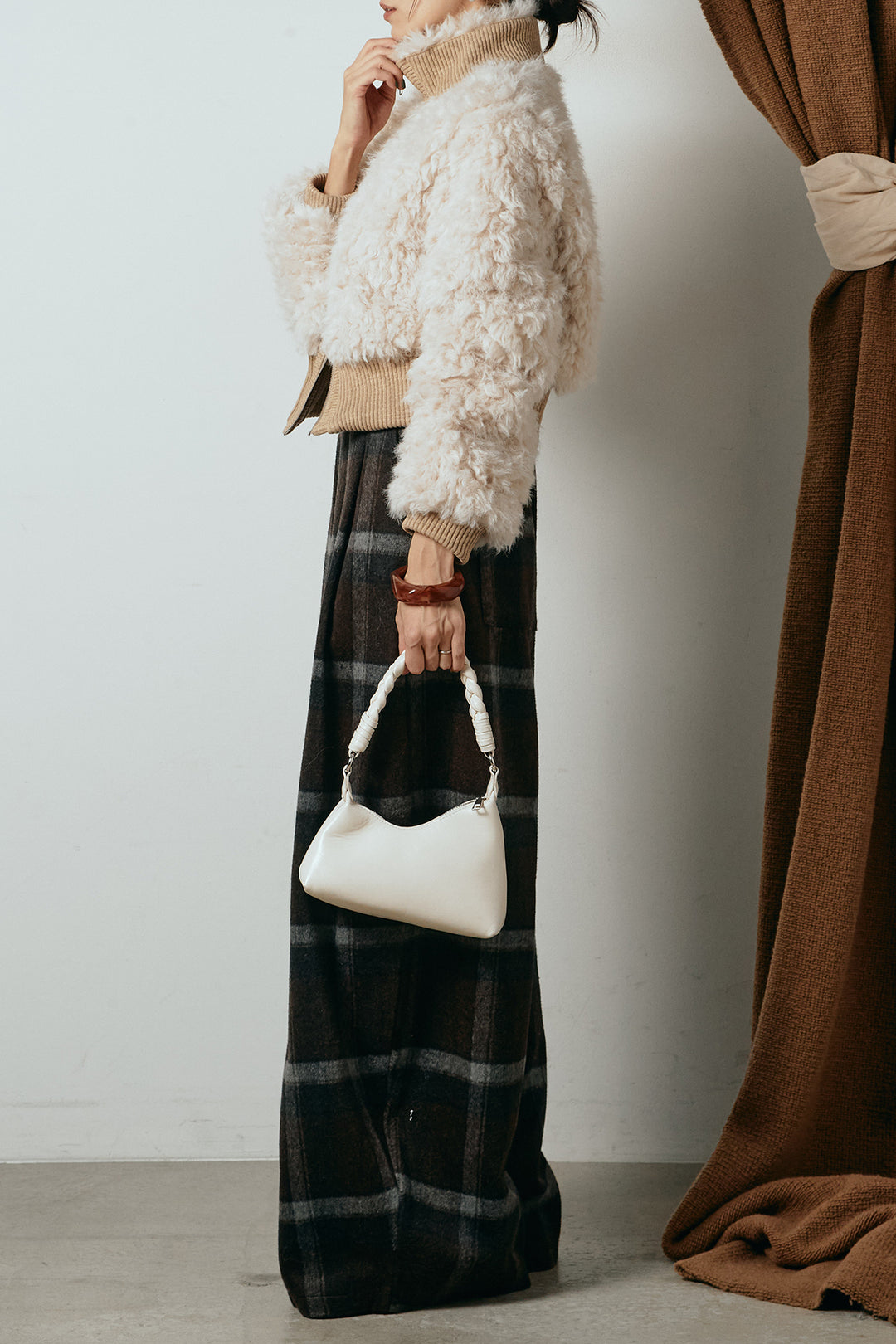 [SET]ハイネックショート丈ボアジップブルゾン+起毛タータンチェック柄ワイドパンツ(2set)